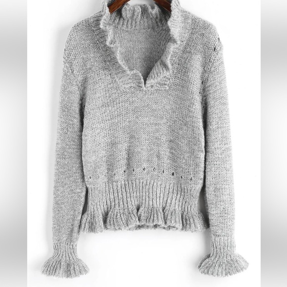 ChicWish |Gray Knit V Neck Sweater w/Cuff Wrists & Frill Sz L - Picture 12 of 12